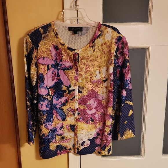 St. John Vintage Pink Blue & Yellow Floral Buttoned Cardigan Size L - Picture 1 of 11